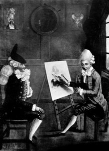 Makaronimaalari eli Billy Dimple istuu kuvassaan, 1770 tekijältä Robert Dighton