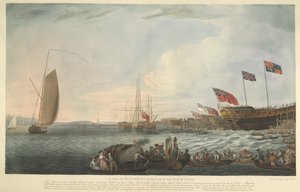 Näkymä Blackwallista, osa telakalla, Bombayn linnan laukaisuhetkellä, 74 tykkiä, rakennettu Honkonen kustannuksella. East India Company ja esittivät sen Hänen Majesteettilleen kesäkuussa 1782 tekijältä Robert Dodd