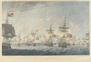 Kamperduinin taistelu (1797): Britannian laivaston hyökkäys Näkymä Britannian laivastosta keskipäivällä 11. lokakuuta 1797, laskeutumassa hyökkäämään Alankomaiden laivastoa vastaan ​​(...) (otsikko esineessä)