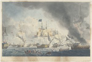 Kamperduinin taistelu (1797): Batavian laivaston tappio Alankomaiden laivasto voitti iltapäivällä 11. lokakuuta 1797 ja osoitti, että Admiral De Winterin lippulaiva purettiin (...) (otsikko esineessä) tekijältä Robert Dodd