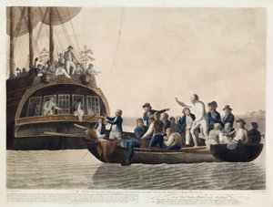 Kapinalliset muuttivat luutnantti Blighin ja osan upseereista ja miehistön Adrift, 29. huhtikuuta 1789, pub. 1790 tekijältä Robert Dodd
