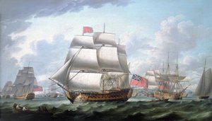 Victory lähdössä Spitheadista (Englanti), päässään punainen lippu ja Rougesin vara-amiraalin lippu, oikealla kolmimastoinen Queen Charlotte -alukseksi tunnistettu alus tekijältä Robert Dodd