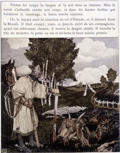 Tristan lähellä kuollutta lohikäärmettä - teoksessa Le Roman de Tristan et Iseult, kirjoittaja Bédier ill. kirjoittanut Robert Engels, toim. taide, Pariisi