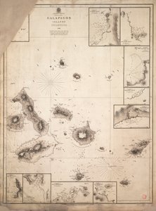 Galapagossaarten kartta, joka on kartoitettu HMS Beaglen matkan aikana. tekijältä Robert Fitzroy