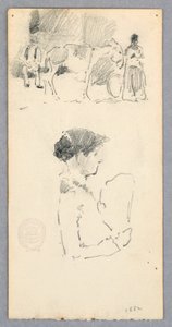 Piirros, Kohtaus, jossa on aasi ja kaksi hahmoa; nainen pitelee viuhkaa, 1882 tekijältä Robert Frederick Blum