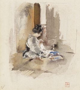 Japanilaisen tytön ompelu, 1890 tekijältä Robert Frederick Blum
