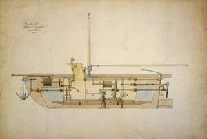 Alkuperäinen piirustus Nautiluksesta, ensimmäisestä vedenalaisesta veneestä (sukellusvene), jonka sen keksijä Robert Fulton (1765-1815) esitti Yhdysvaltain senaatille vuonna 1806.
