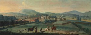 Näkymä raunioituneelle Westby Hallille Yorkshiressa, etualalla metsästysseurueet