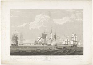 Kahdentoista hollantilaisen kauppalaivan lähtö Portsmouthin satamasta, 1833 (taulu 3) Tämä kolmen levyn sarja, joka kuvaa 12 Nederlandsche Koopvaardy -aluksen lähtöä Portsmouthin satamasta 2. kesäkuuta 1833. tekijältä Robert Havell (II)