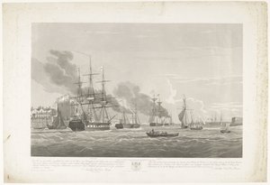Kahdentoista hollantilaisen kauppalaivan lähtö Portsmouthin satamasta, 1833 (taulu 2) Tämä kolmen levyn sarja, joka kuvaa 12 Nederlandsche Koopvaardy -aluksen lähtöä Portsmouthin satamasta 2. kesäkuuta 1833. tekijältä Robert Havell (II)