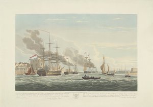 Kahdentoista hollantilaisen kauppalaivan lähtö Portsmouthin satamasta, 1833 (taulu 2) Tämä kolmen levyn sarja, joka kuvaa 12 Nederlandsche Koopvaardy -aluksen lähtöä Portsmouthin satamasta 2. kesäkuuta 1833. tekijältä Robert Havell (II)