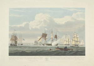 Kahdentoista hollantilaisen kauppalaivan lähtö Portsmouthin satamasta, 1833 (taulu 3) Tämä kolmen levyn sarja, joka kuvaa 12 Nederlandsche Koopvaardy -aluksen lähtöä Portsmouthin satamasta 2. kesäkuuta 1833. tekijältä Robert Havell (II)