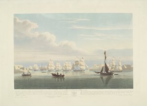 Kahdentoista hollantilaisen kauppalaivan lähtö Portsmouthin satamasta, 1833 (taulu 1) Tämä kolmen levyn sarja, joka kuvaa 12 Nederlandsche Koopvaardy -aluksen lähtöä Portsmouthin satamasta 2. kesäkuuta 1833. tekijältä Robert Havell (II)