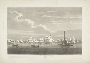 Kahdentoista hollantilaisen kauppa-aluksen lähtö Portsmouthin satamasta, 1833 (taulu 1) Tämä kolmen levyn sarja kuvaa 12 Nederlandsche Koopvaardy -laivan lähtöä Portsmouthin satamasta 2. kesäkuuta 1833 embargosta. tekijältä Robert Havell (II)