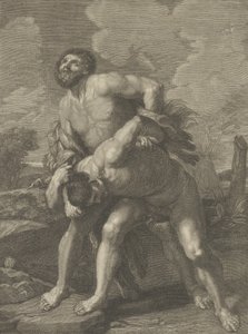 Hercules yllään leijonanahalla ja taistelee Achelousta vastaan, taustalla maisema, ..., n. 1713-72. tekijältä Robert Hecquet