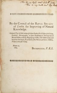 Allekirjoitettu sivu "Micrographia: tai joitakin fysiologisia kuvauksia suurennuslaseilla tehdyistä pienikokoisista kappaleista", 1665 tekijältä Robert Hooke