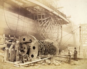 Isambard Kingdom Brunel (1806-59) Great Eastern -aluksen vieressä, noin 1857.