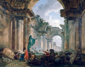 "Kuvitteellinen näkymä Louvren suuresta galleriasta raunioissa", 1796