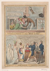 Spotprent yli het huwelijk van de markies van Worcester ja Anne Francis Culling Smith, 1822 Rakkaus nauraa lukkosepäille -tai- teurastaville herttua!!! farssi, joka on äskettäin esitetty Upper Brook Streetillä / Giovani Worcesterista -tai- libertine palaut