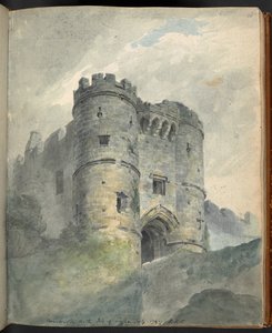 Carisbrooken linna, Isle of Wight. Näkymiä maisemista, arkkitehtonisista antiikkiesineistä jne. Farnhamissa, Southamptonissa, Isle of Wightissa, Winchesterissä jne. lyijykynällä, kynällä ja musteella, vesiväreillä ja liiduilla, Sir Robert Ker Porter, vuonn