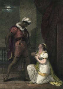 Othello ja Desdemona Venetsiassa. Kuvitus William Shakespearen "" Othellolle". 4. näytöksen kohtaus 2. Englantilainen kaiverrus vuodelta 1801, R.K Porter.