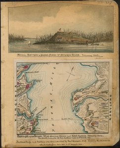 Potomacin saarto. Kartta, jossa näkyvät unionin ja kapinallisten patterit tammikuussa 1862. Kapinalliset evakuoivat kaikki patterinsa 4. maaliskuuta 1862 yöllä. LOC gvhs01.vhs00066 tekijältä Robert Knox Sneden
