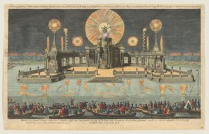 Näkymä suureen teatteriin ja ilotulitteisiin, jotka on pystytetty veteen lähellä Haagissa sijaitsevaa tuomioistuinta O..., 1794.