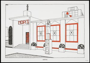 Sairaala, teoksesta Une Cite Moderne, Arkkitehti Rob Mallet-Stevensin piirustukset, 1987.