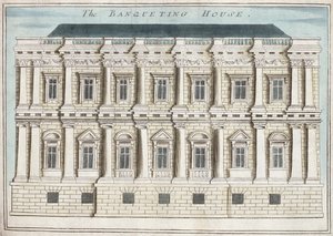 Juhlatalo, Whitehall, kirjasta "A Book of the Prospects of the Remarkable Places in and about the London", n. 1700 (kaiverrus)