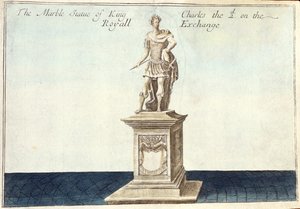 Kuningas Kaarle II:n (1630–1685) marmoripatsas kuninkaallisessa pörssissä, kirjasta "A Book of the Remarkable Places in and about the Remarkable Places in and about the London", n. 1700 (kaiverrus) tekijältä Robert Morden