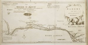 Dahomey ja sen ympäristö, Archibald Dalzelin teoksesta "The History of Dahomey", kaiverrus Woodman ja Mutlow, pubi. 1793 tekijältä Robert Norris