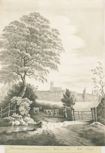 Wolverhampton - Kaukainen näkymä Dunstall Lanelta: seepiapesupiirros, 1837 tekijältä Robert Noyes