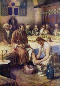 Jeesus pesee opetuslasten jalkoja (väri litho)