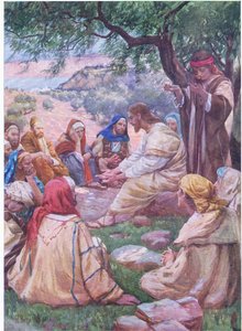 Jeesus opettaa opetuslapsiaan rukoilemaan, Thomas Nelsonin julkaisemasta Raamatun kuvakirjasta (The Bible Picture Book), n. 1950.