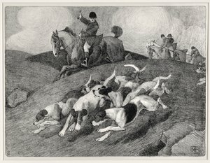 Metsästyskohtaus (litho) tekijältä Robert Polhill Bevan