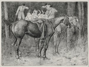 Metsästyskohtaus (litho) tekijältä Robert Polhill Bevan