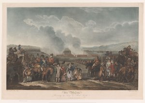George III tarkkailee joukkojaan Blackheathissä Hänen Majesteettinsa tarkastelee joukkojaan Black Heathillä (otsikko esineessä) tekijältä Robert Pollard (I)