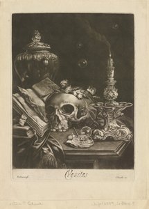 Vanitas-asetelma, n. 1685-1688 (mezzotint, jossa on polttoteos) tekijältä Robert Robinson