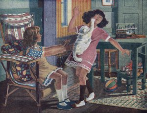 Annetten pieni kissa: valkoinen kissa kynsi ystävänsä kanssa leikkivän pienen tytön kasvoja. Robert Sallesin (1871-1929) kuvitus teoksessa "" Je sais Lire"". tekijältä Robert Salles
