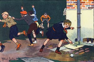 Luoti seinään. Kaiverrus "" Mitä me pelaamme? E. Weberin "" Robert Sallesin (1871-1929) akvarellipiirroksilla. Librairie Garnier Freres, Pariisi tekijältä Robert Salles