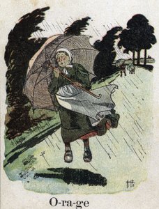 Lastenkirja "" Luen - Isän menetelmällinen ja hauska aakkoset""" 1926. Kuvitus Robert Salles (1871-1929). "" Myrsky"": nainen sateessa suojassa sateenvarjonsa kanssa. tekijältä Robert Salles