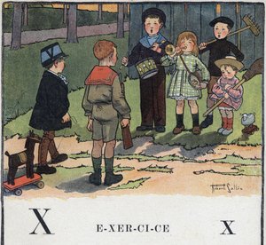 Lastenkirja "" Luen - Isän menetelmällinen ja hauska aakkoset""" 1926. Kuvitus Robert Salles (1871-1929). Abecedary: kirjain X harjoituksena. Lapset leikkivät armeijaa.