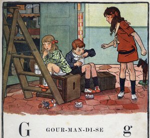 Lastenkirja "" Luen - Isän menetelmällinen ja hauska aakkoset""" 1926. Kuvitus Robert Salles (1871-1929). Abecedary: kirjain G Gourmandise. Tyttö ja pojat syövät sokeroituja hedelmiä salaa. tekijältä Robert Salles