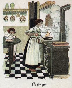 Lastenkirja "" Luen - Isän menetelmällinen ja hauska aakkoset""" 1926. Kuvitus Robert Salles (1871-1929). Äiti puhaltaa kreppejä pannulle. tekijältä Robert Salles