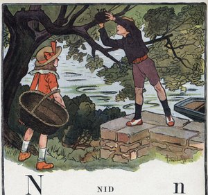Lastenkirja "" Luen - Isän menetelmällinen ja hauska aakkoset""" 1926. Kuvitus Robert Salles (1871-1929). Abecedary: kirjain N pesänä. Poika ottaa puuhun rakennetun pesän. tekijältä Robert Salles