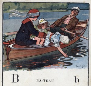 Lastenkirja "" Luen - Isän menetelmällinen ja hauska aakkoset""" 1926. Kuvitus Robert Salles (1871-1929). Abecedaire: kirjain B veneenä. Perhe veneessä lähtee kävelylle. tekijältä Robert Salles