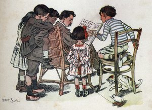 Lastenkirja "" Luen - Isän menetelmällinen ja hauska aakkoset""" 1926. Kuvitus Robert Salles (1871-1929). Perheen isä opettaa lapsia lukemaan. tekijältä Robert Salles