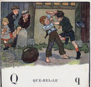 Lastenkirja "" Luen - Isän menetelmällinen ja hauska aakkoset""" 1926. Kuvitus Robert Salles (1871-1929). Abecedaire: Q-kirjain kuten Querelle. Kaksi poikaa tappelee pihalla.