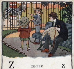 Lastenkirja "" Luen - Isän menetelmällinen ja hauska aakkoset""" 1926. Kuvitus Robert Salles (1871-1929). Abecedaire: kirjain Z Zebrenä. Lapset katsovat vanteella seepraa eläintarhassa. tekijältä Robert Salles