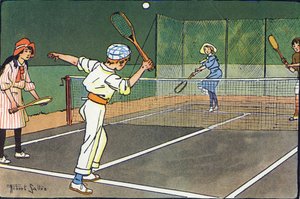 Nurmikon tennis. Kaiverrus "" Mitä me pelaamme? E. Weberin "" Robert Sallesin (1871-1929) akvarellipiirroksilla. Librairie Garnier Freres, Pariisi tekijältä Robert Salles